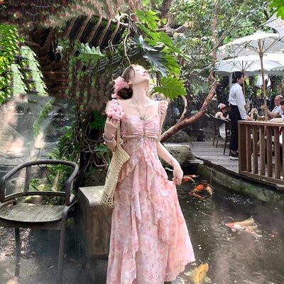 Ashy Snow 3/31仲夏甜梦 印花雪纺荷叶边度假风连衣长裙