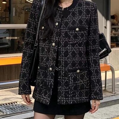高端定制 韩国时尚粗花呢格纹中长款毛呢大衣夹克 小香风韩版外套