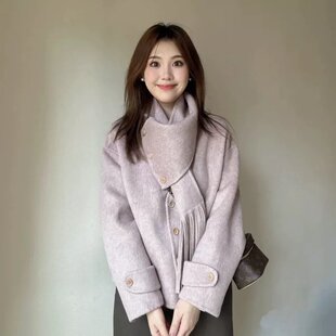 羊毛大衣女短款2025年秋冬新款高级设计感夹棉羊绒围巾领毛呢外套