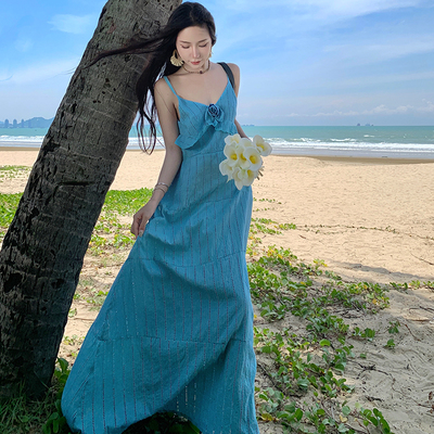 实拍维风飕飕浪漫法式手工玫瑰荷叶边刺绣重工吊带长裙大摆连衣裙