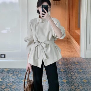 柏林傍晚 白色立领短款风衣女春秋收腰宽松英伦风廓形外套一