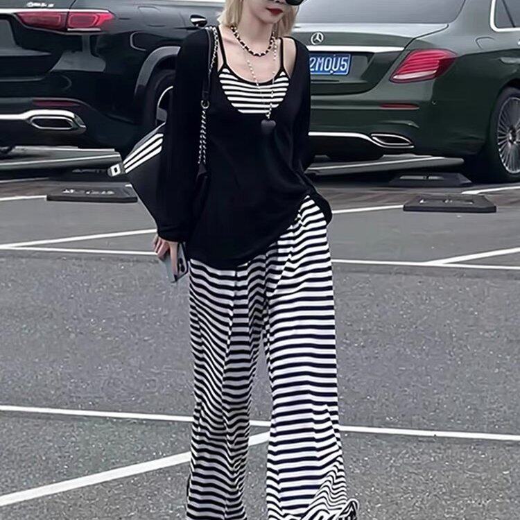 2025超火一套春秋防晒上衣条纹吊带阔腿裤三件套女款休闲裤子套装