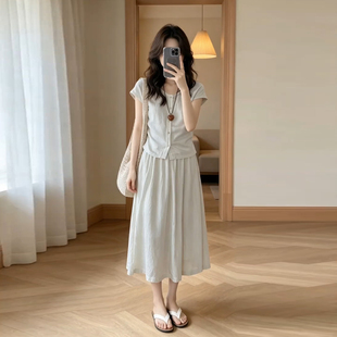 韩系巨好看ootd穿搭一整套连衣裙子女夏季2026新款小个子长裙套装