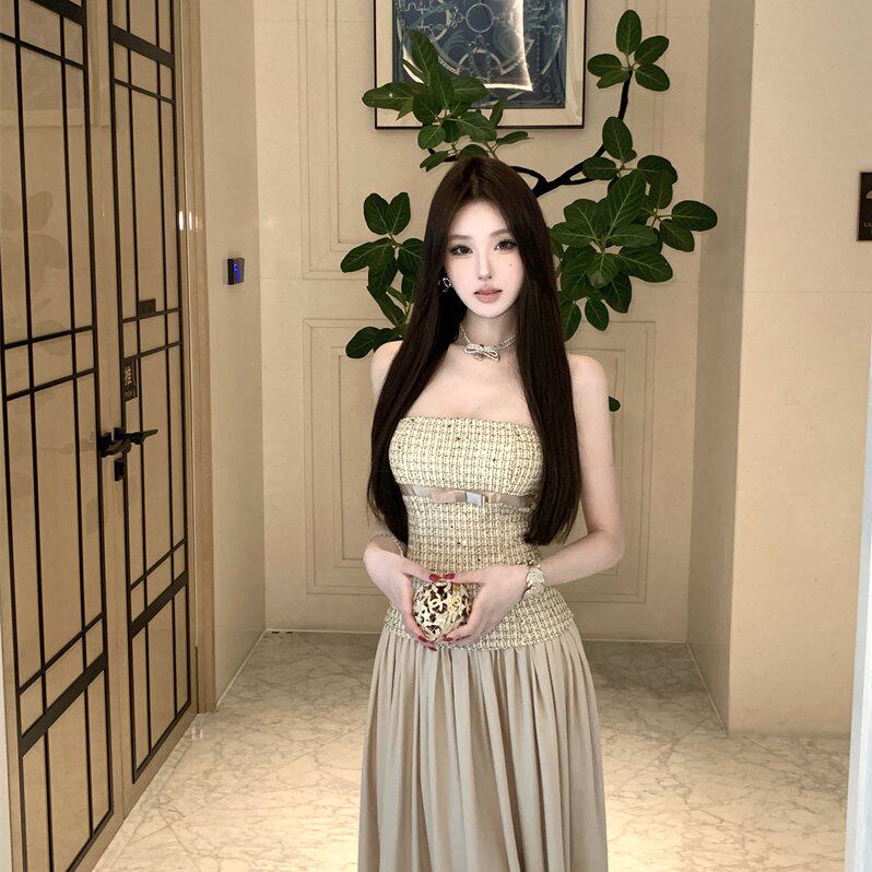 实拍~    小香风抹胸连衣裙女约会礼服新款拼接缎面长裙法式裙子