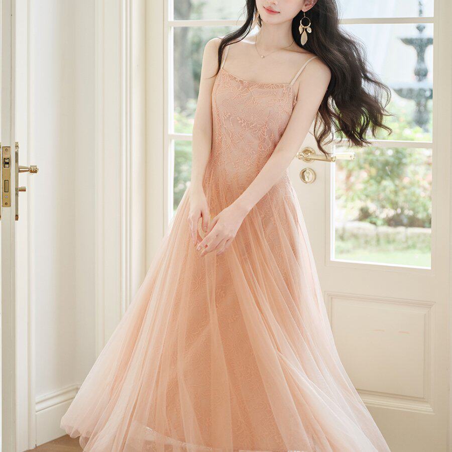 实拍 粉色纱裙吊带连衣裙女夏绝美小裙子大摆长裙露背仙女裙