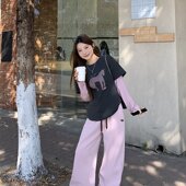 实拍实价卡通小马撞色拼接假两件T恤小众减龄休闲长袖 加绒卫裤