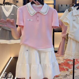 夏日绝美俏皮小套装女2026新款重工钉钻短袖T恤+白色半身裙两件套