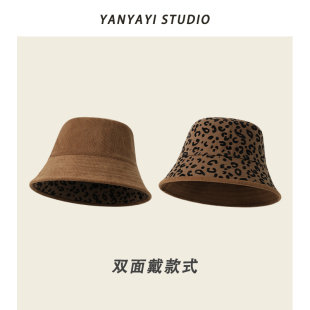 日系复古双面戴豹纹灯芯绒渔夫帽子女秋冬时尚百搭显脸小水桶盆帽