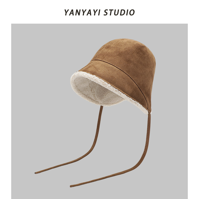 韩版麂皮绒绑带渔夫帽秋冬保暖