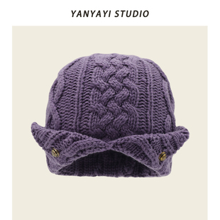 小众设计师款 翻边麻花针织包头帽子女秋冬保暖显脸小毛线套头冷帽