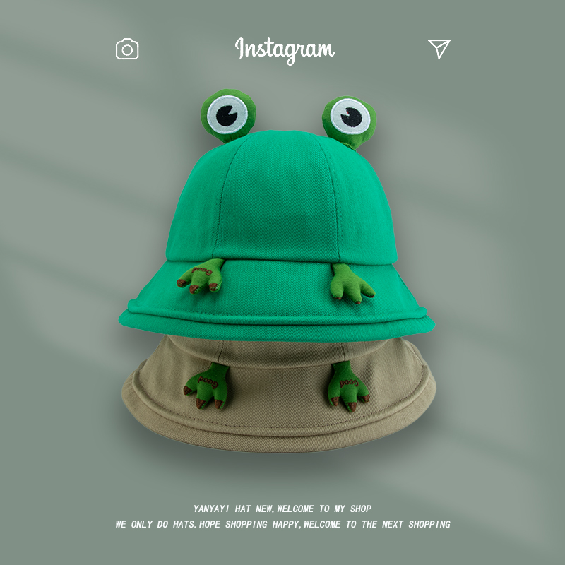 日系青蛙眼睛卡通渔夫帽子女学生甜美可爱春夏百搭遮阳显脸小盆帽