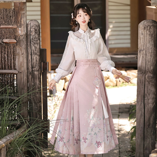繁花信使明制汉服女小个子改良新中式国风粉色织金马面裙套装春夏