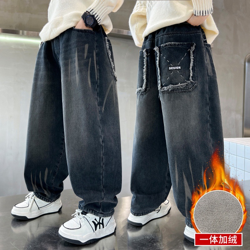 儿童装男童冬季加绒裤子2025新款大童一体绒长裤秋冬款加厚牛仔裤