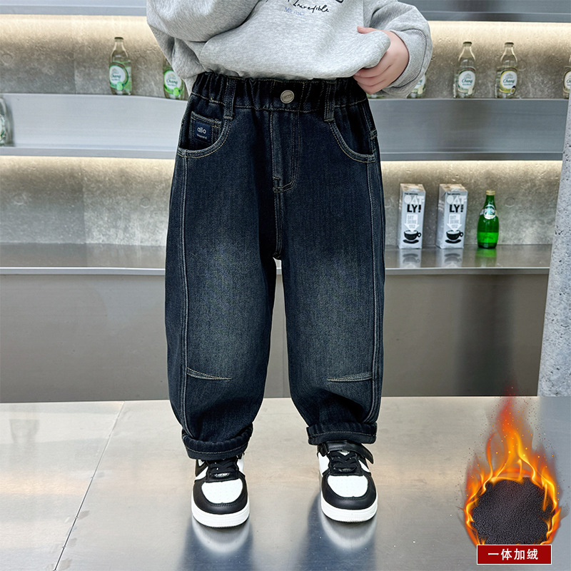 男童2025新款加绒加厚裤子秋冬款新款儿童冬季一体绒牛仔裤抗寒保