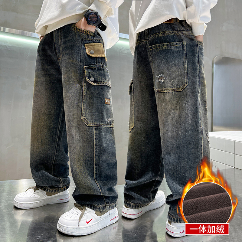 2025男童加绒裤子儿童牛仔裤直筒春秋冬季中大童工装帅气阔腿潮酷