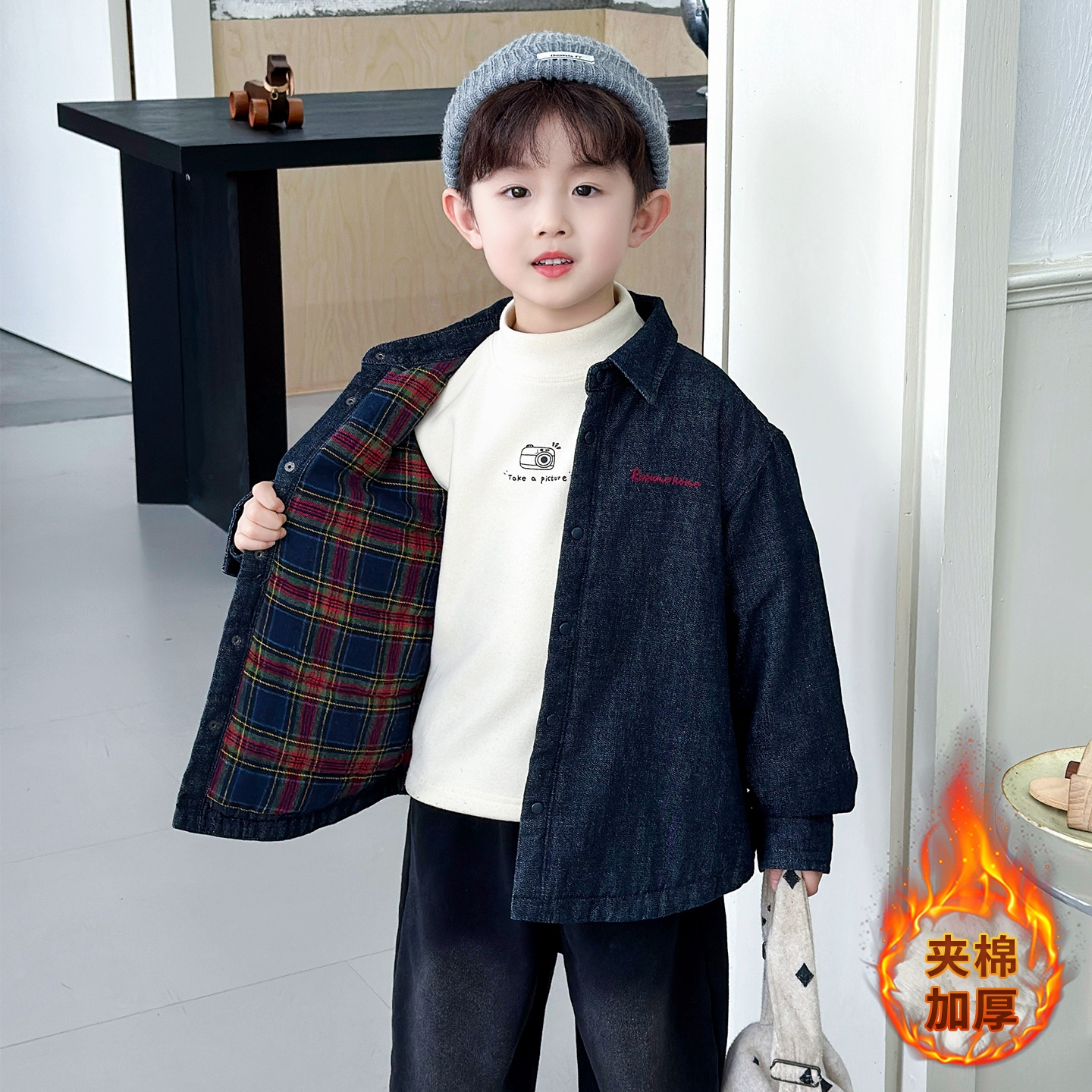 男童秋冬洋气夹棉外套2025新款韩版宝宝加厚上衣小儿童牛仔衬衫潮