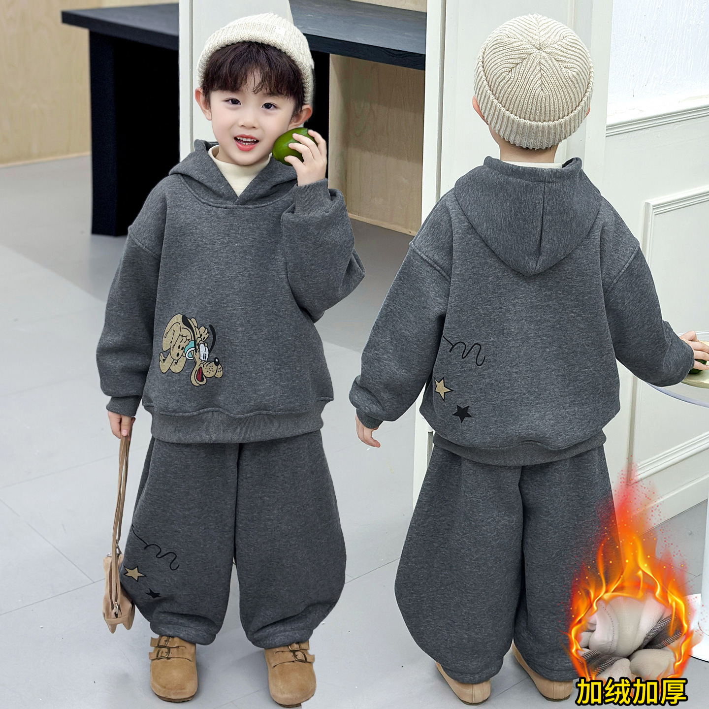 男童2025新款加绒套装秋冬儿童巨好看衣服冬装痞帅男宝卫衣两件套