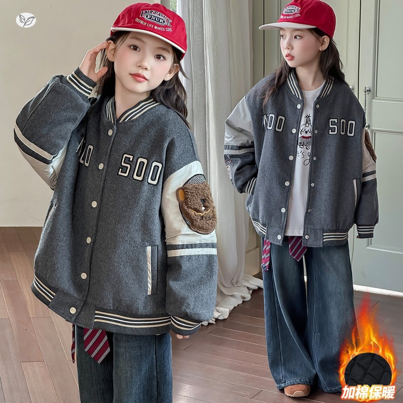 女童加厚棒球服外套2025秋冬新款中大童学院风毛呢夹克衫春秋上衣