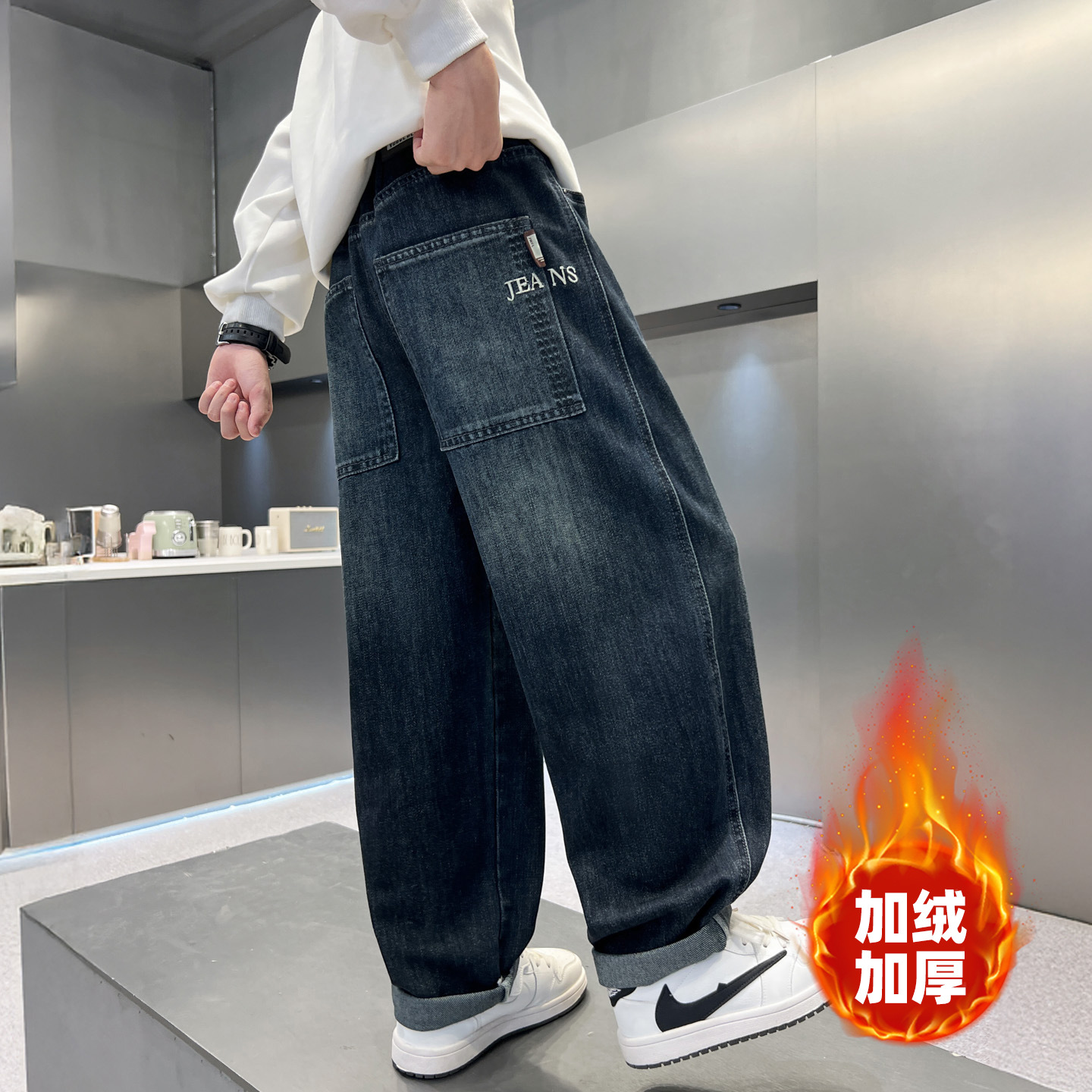 儿童装男童冬季加绒裤子2025新款中大童秋冬款加厚一体绒牛仔裤潮