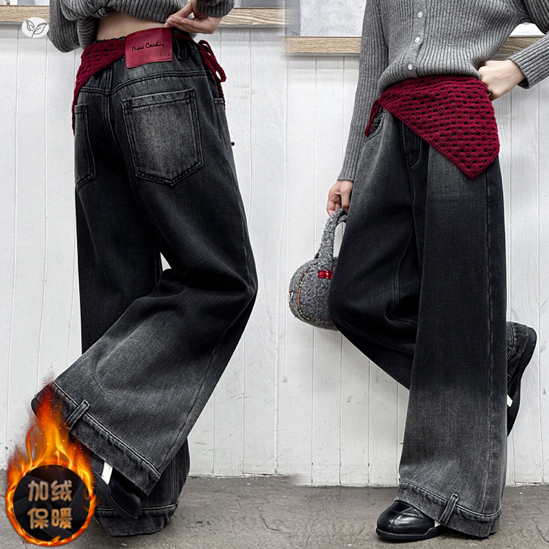 女童2025年冬季新款红色屁帘渐变加绒牛仔裤女大童美式复古阔腿裤