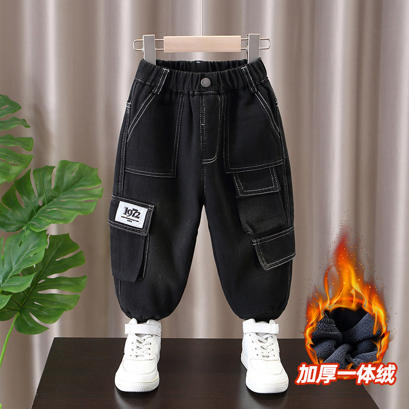 童装男童加绒牛仔裤一体绒2024儿童裤子冬季加绒长裤休闲工装裤潮