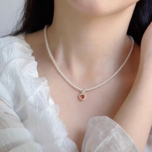 鲛人语 原创酒红爱心爆闪锆石高亮施家珍珠520轻奢项链 心动回忆