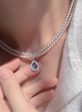 鲛人语/赫拉小姐 原创施家强光珍珠925银项链海蓝宝双层毛衣链