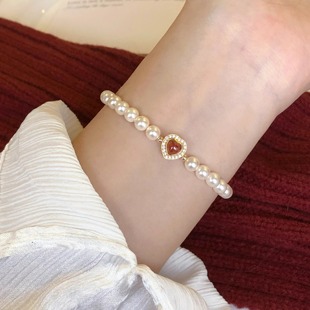 鲛人语/微醺红酒 原创石榴石天然珍珠手链红色爱心情人节新年礼物