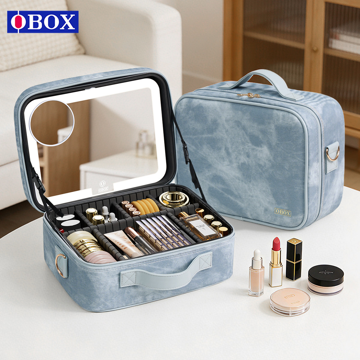 OBOX带镜子化妆包新款2026分区收纳可挂行李箱出行便携复古牛仔风