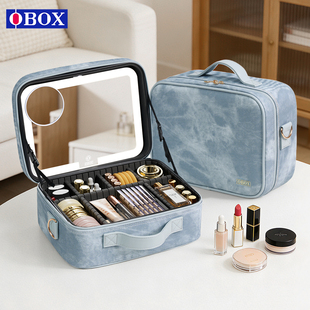 OBOX带镜子化妆包新款2026分区收纳可挂行李箱出行便携复古牛仔风
