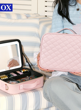 OBOX化妆包女带镜便携小方包日常通勤百搭粉色化妆包收纳箱