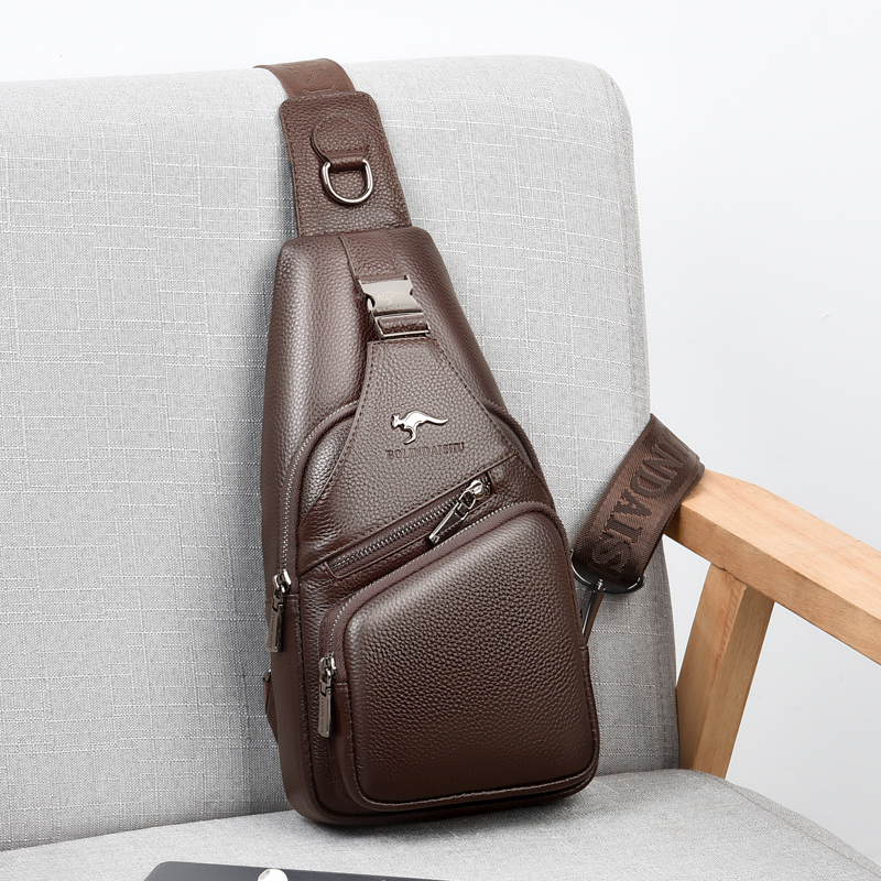 柏林袋鼠新款男胸包头层牛皮斜挎包手机包时尚休闲男士真皮单肩包