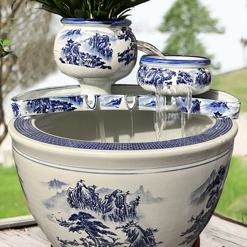 水缸循环过滤器流水瀑布陶瓷摆饰古法养鱼缸增氧循环过滤陶罐水培