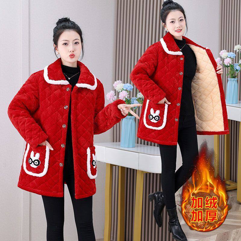 四川省服加绒罩衣女中年加厚翻领棉衣妈妈冬季长袖中长款防寒棉袄