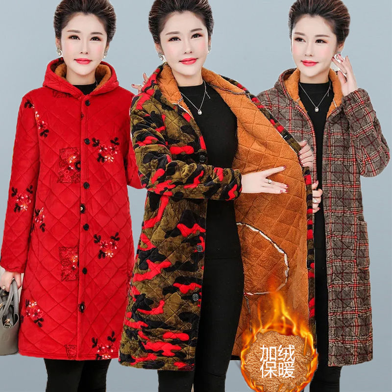 四川省服中老年女装连帽棉衣女冬季中长款外套妈妈装加绒加厚罩衣