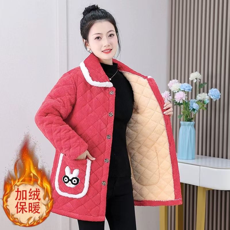 四川省服冬季加绒加厚保暖罩衣棉衣防寒大码棉外套女装夹棉家居服