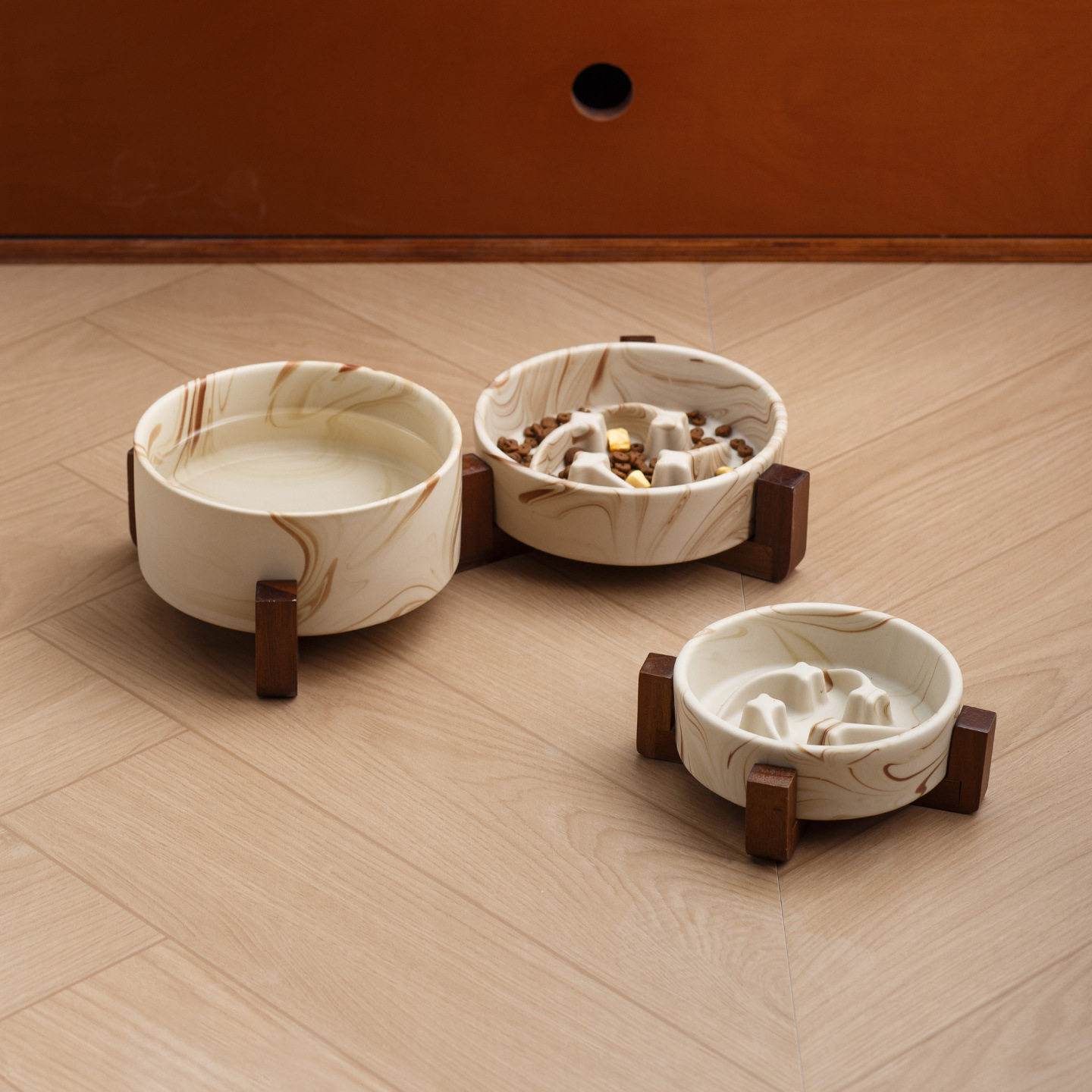 跨境大理石纹宠物碗带相思木架陶瓷猫碗狗碗防打翻水碗防噎缓食盆