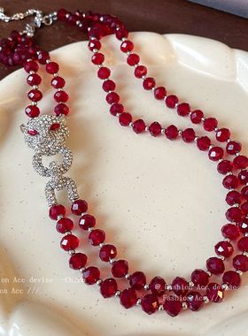 双层豹头镶钻项链串珠欧美辣妹重工设计锁骨链时尚百搭精致饰品女