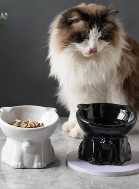 陶瓷可爱猫碗黑色喝水高脚猫咪碗猫食盆狗碗防打翻猫粮碗宠物用品