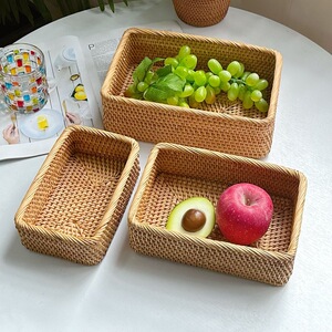 越南秋藤编织零食面包筐桌面藤编草编长方形收纳筐盒箱水果篮