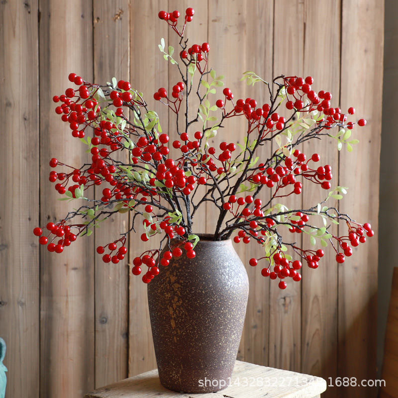 仿真浆果秋实果发财果红果子冬青果泡沫长枝创意家居客厅摆放假花
