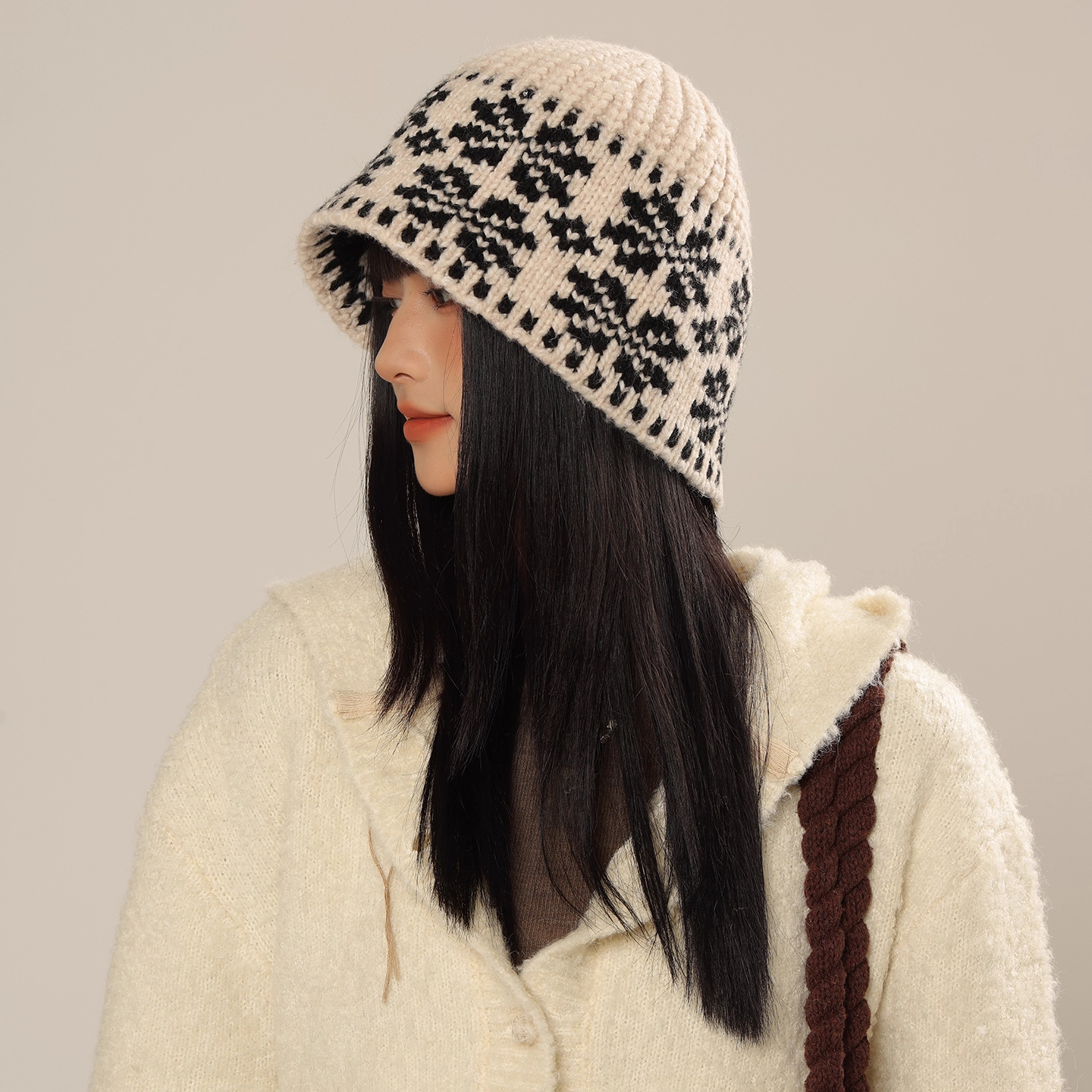 日系复古提花针织包头帽子女秋冬