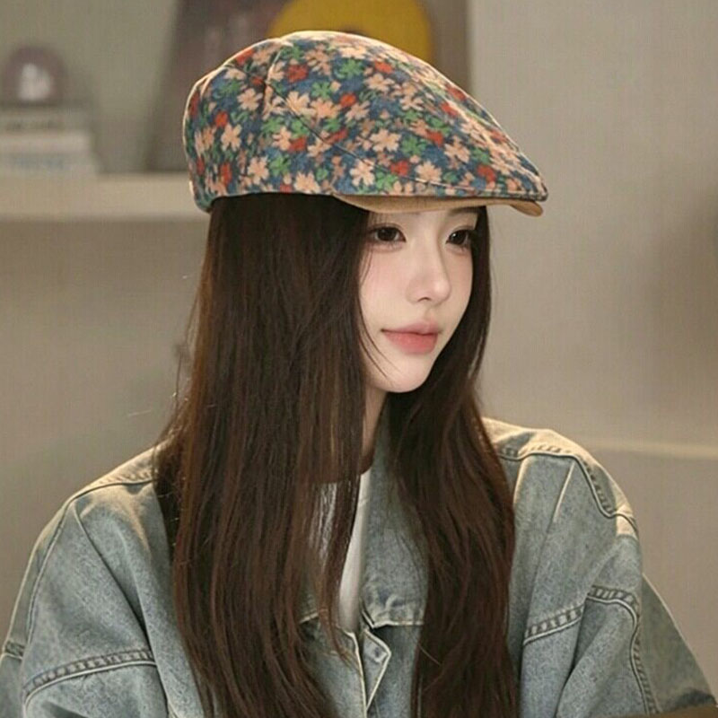 日系复古油画花显脸小前进帽女