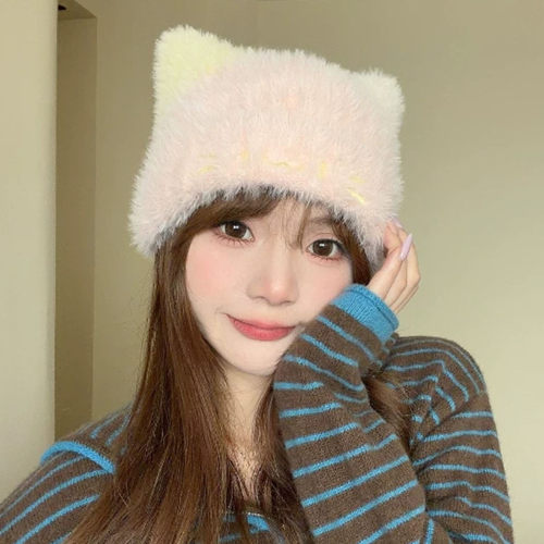日系三花猫耳针织帽女秋冬保暖