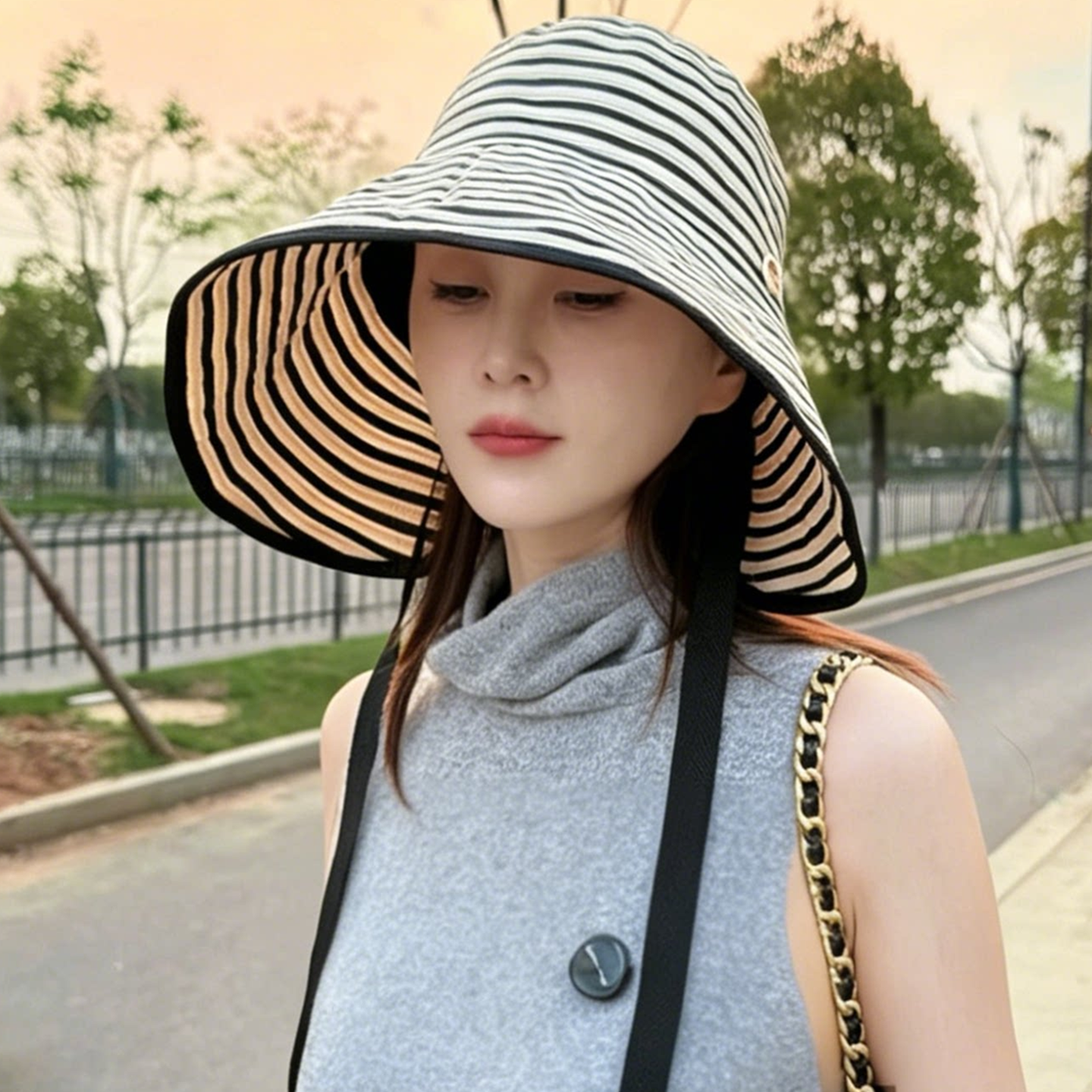 日系可折叠条纹渔夫帽女夏季大檐可扎马尾遮阳帽子户外防晒太阳帽