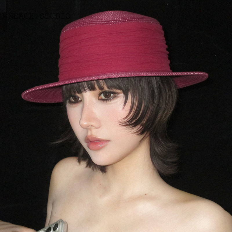 法式复古平顶宽织带防晒草帽女