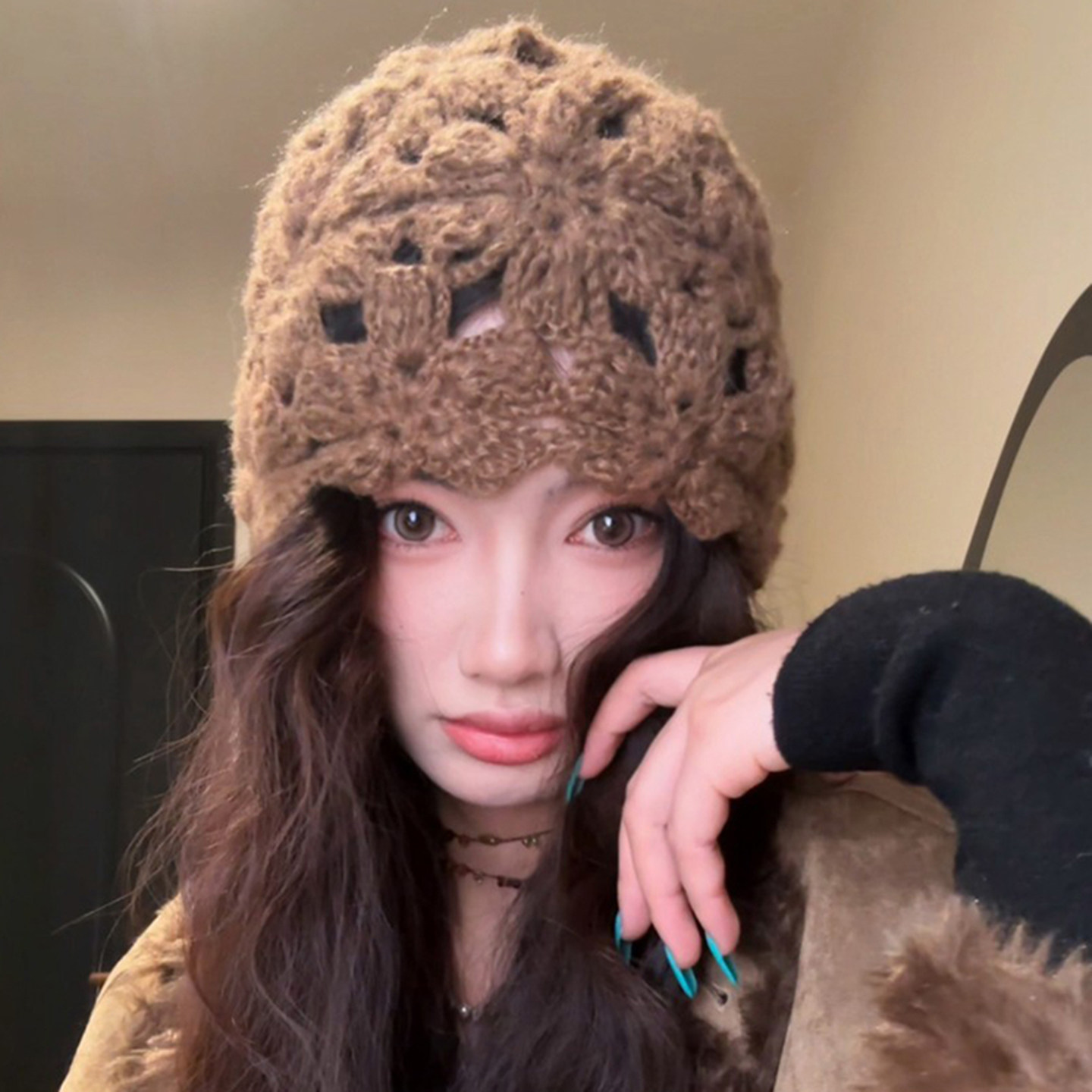 秋冬手工钩花镂空针织包头帽女
