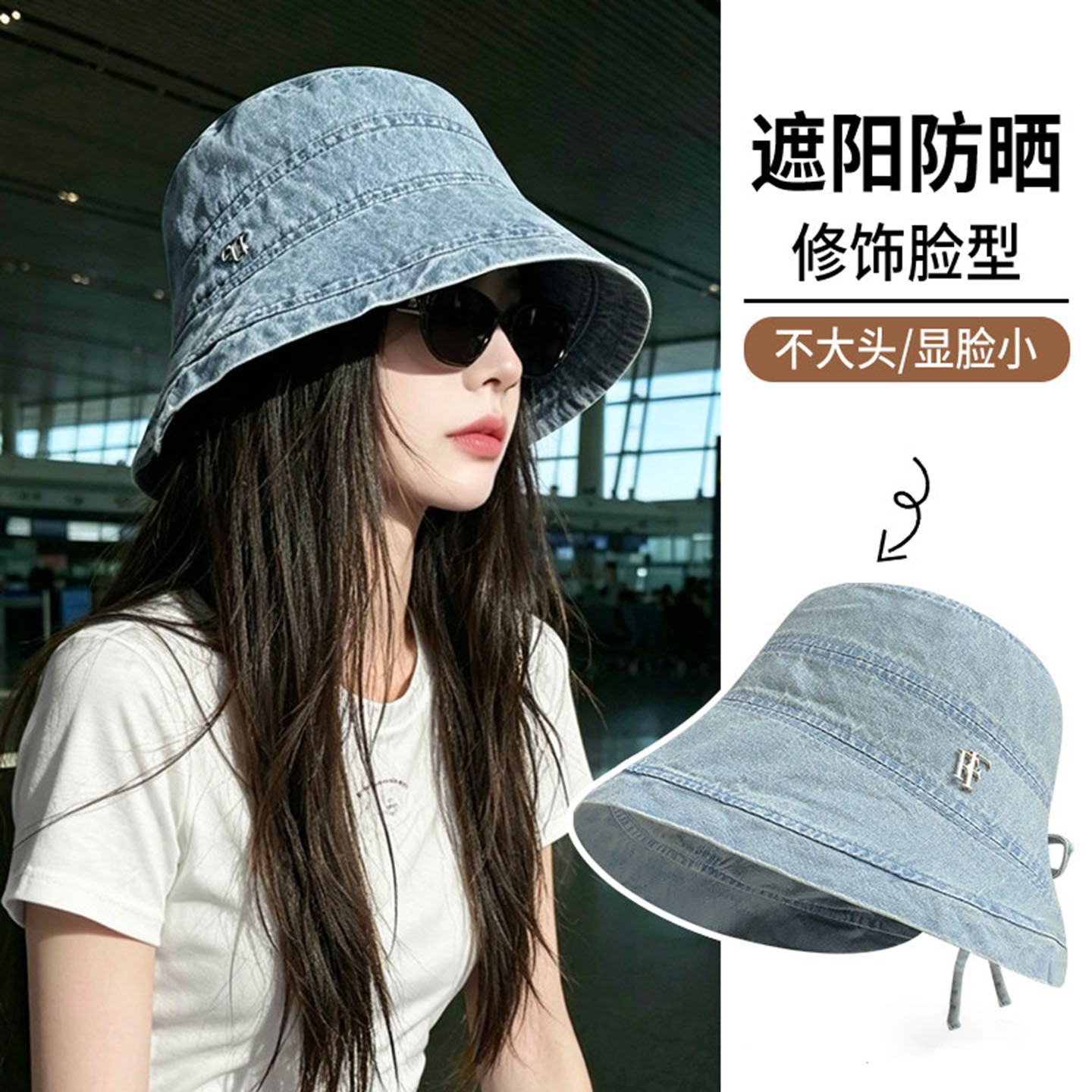 日系复古牛仔渔夫帽女春秋显脸小