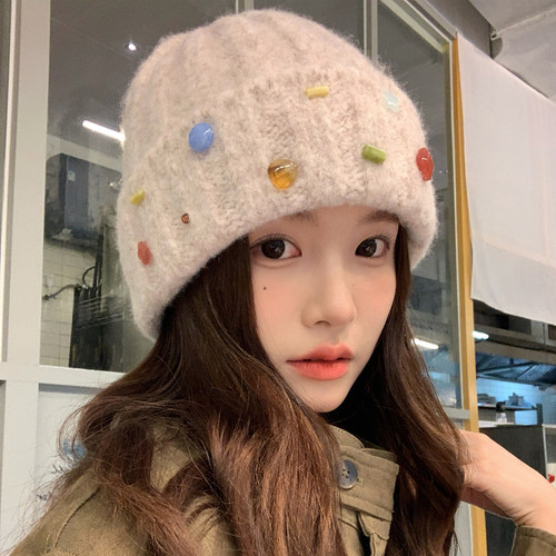 日系手工彩色石头毛线帽保暖防风