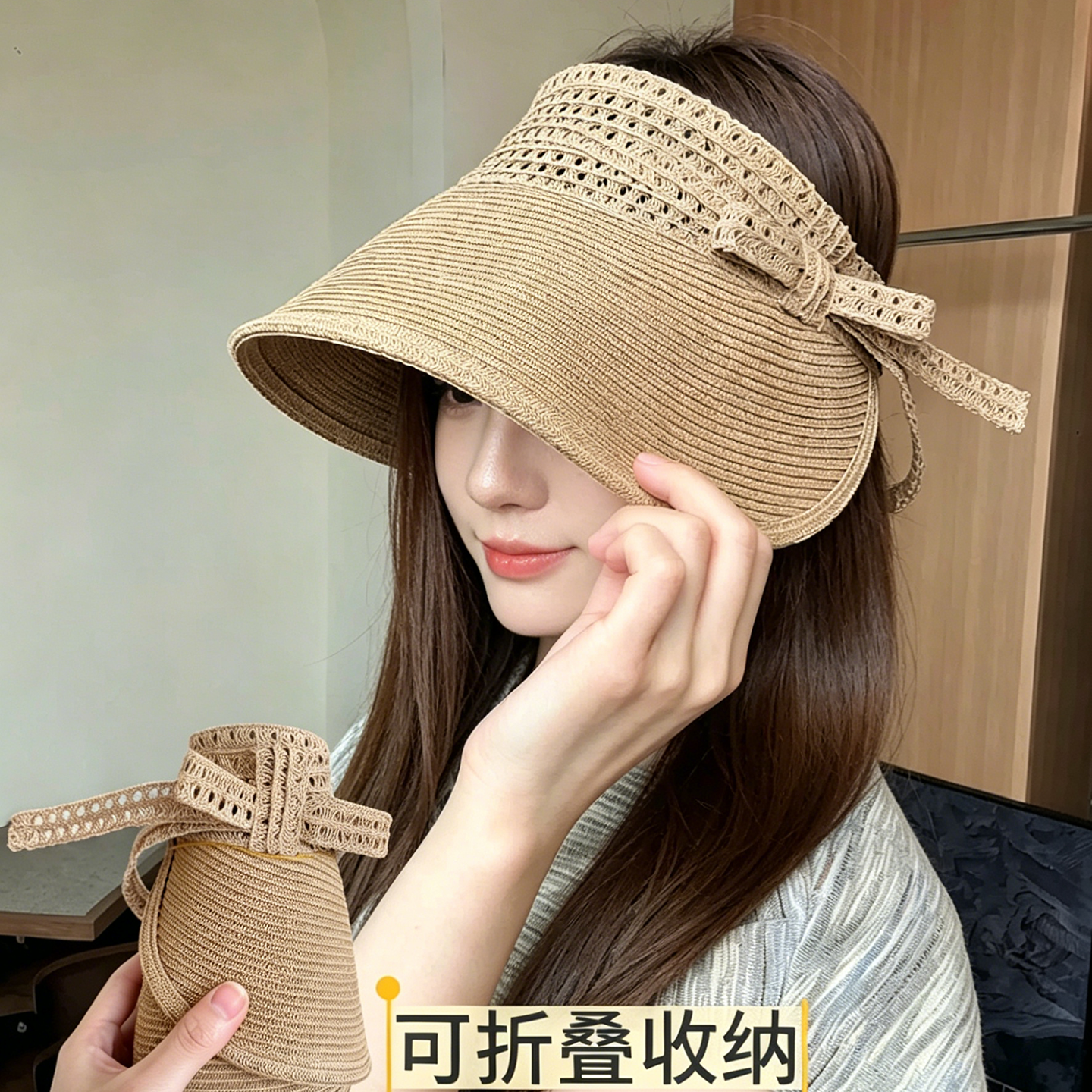 日系手工草编空顶蝴蝶结防晒帽